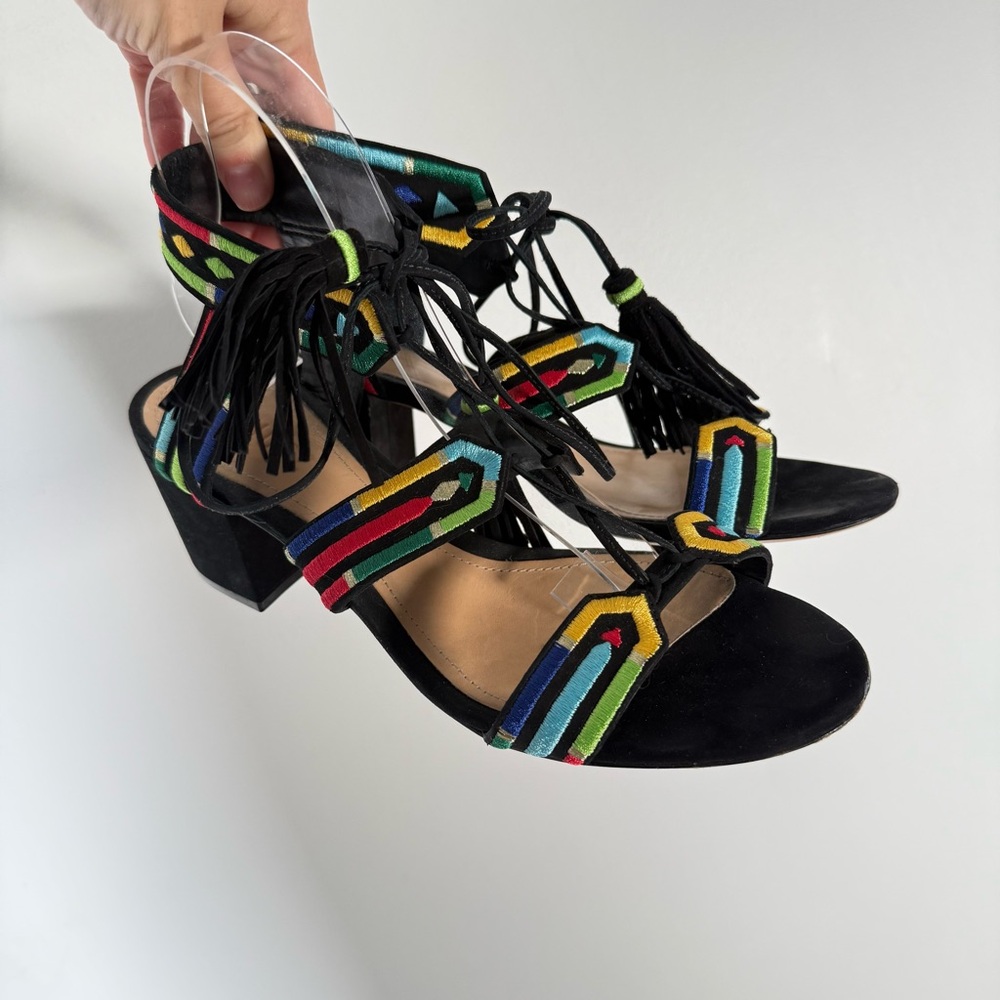 Schutz Heeled Sandals Embroidered with Tassels Boho 8.5